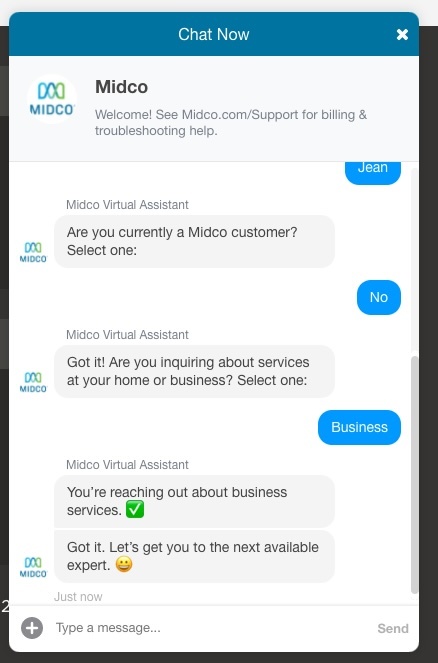 Example of Midco utilizing the Khoros chatbot